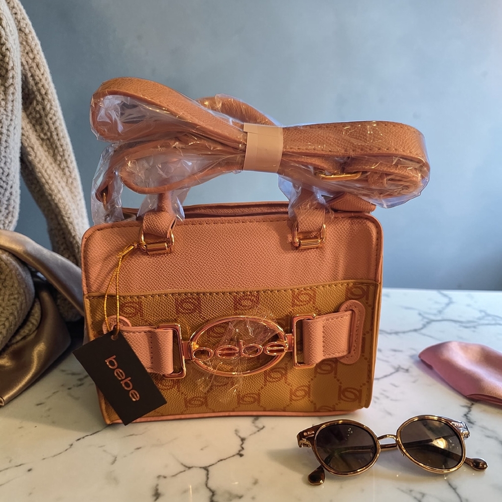 bebe Baby Pink and Gold Logo Crossbody Bag
